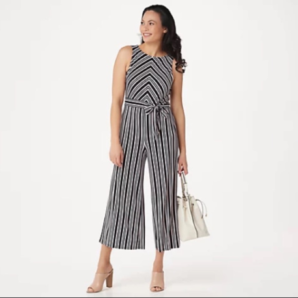 Du Jour Stripe Print Wide Leg Crop Jumpsuit, black, white, and pink, size S